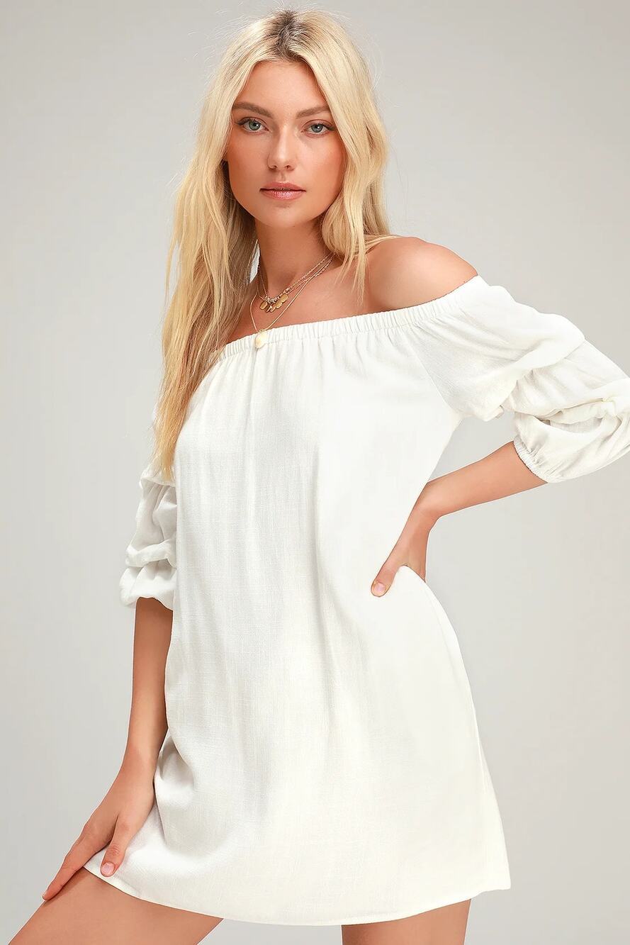 Lulus By the Pier White Off the Shoulder Puff Sleeve Linen Dress Small Beach NWT